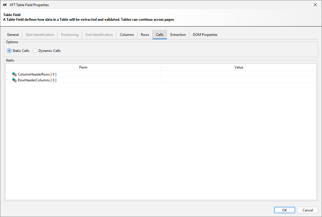 Cells tab in XFT table field properties